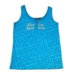 Harley Davidson Size‎ XL  Blue Women's Tank Stitching Bling Logo Henley Vintage